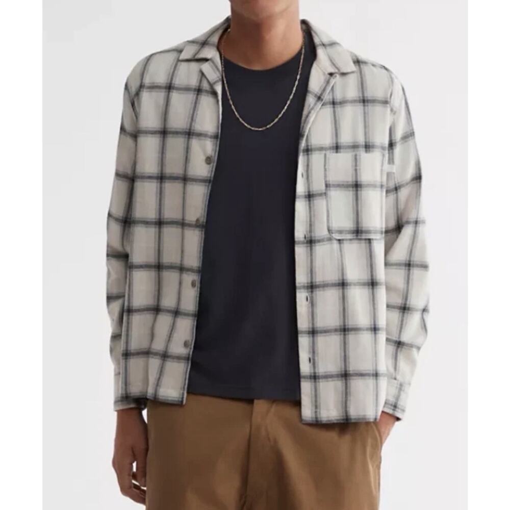Standard Cloth Shirt Mens L Beige Gray Plaid Flannel Long Sleeve Button Casual